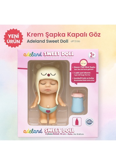 Adeland Sweet Doll Uykucu Bebek 10 Cm Kutu 14 10 5 Cm Krem Şapka Kapalı Göz Yakın Plan