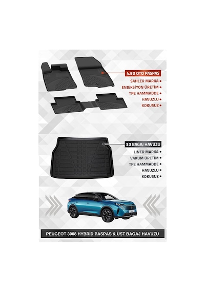 Sahler Peugeot 3008 2024+ Uyumlu 4.5d Premium Havuzlu Oto Paspas Ve Liner Marka 3d Üst Bagaj Havuzu
