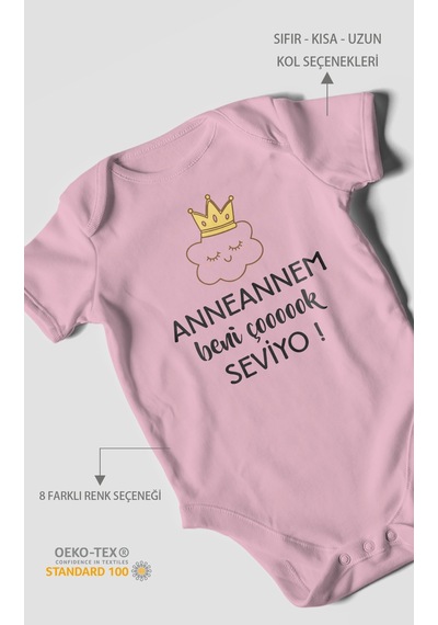 Anneannem Beni Çok Seviyo Baskılı Bebek Zıbını Çıtçıtlı Body %100 Pamuk Kısa Kol Koyu Pembe