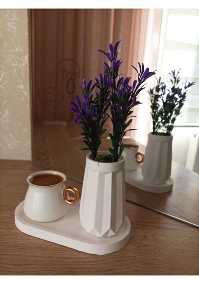 Mini Düz Desenli Beton Saksı Tekli Ve Oval Tabak - Yapay Çiçek Hediyeli - Mor