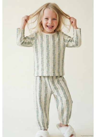 Breeze Kız Bebek Pijama Takımı Mavi Floral Çiçek Desenli Şeritli 9 Ay - 3 Yaş , Ekru