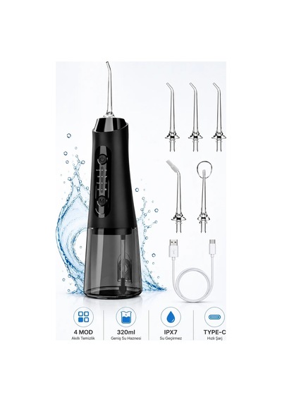 Robeve Auhma Amf11 Şarjlı Ağız Duşu 320ml Su Hazneli 4 Modlu Ipx7 Su Geçirmez Type-c Hızlı Şarjlı 5 Başlıklı Profesyonel Ağız Ve Diş Temizleme Cihazı Siyah