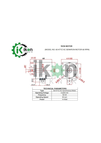 İkon Teknik AC SENKRON MOTOR 60 KTYZ 14 Watt 60 RPM 220 Volt
