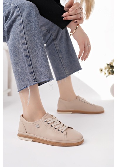 Nesilshoes Modessa 160 Bej Bağcıklı Hakiki Soft Deri Kadın Ayakkabı
