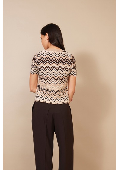 Zigzag Desenli Kısa Kol Bisiklet Yaka Triko Kazak CAMEL