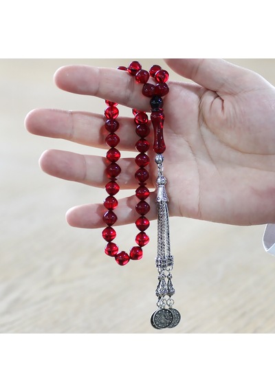 Tesbihname Ateş Kehribar Tesbih - Metal Püsküllü - Özel Hediye Kutulu - İstanbul Kesim - Bayrak Kırmızı Renk