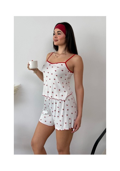 Giysa Kadın Askılı Kiraz Desenli Şortlu Pijama Takımı Beyaz - 3300