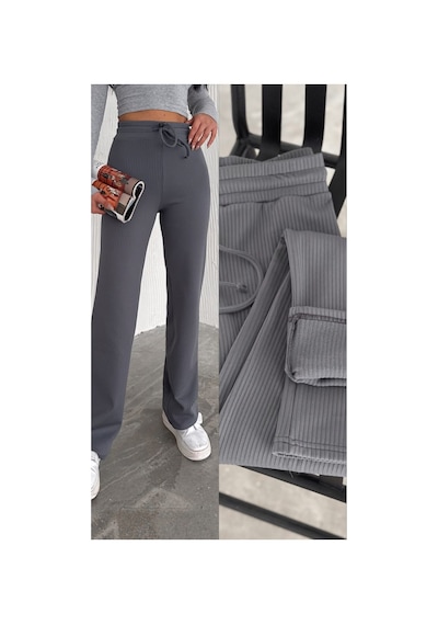 Gugus Kadın Bol Paça İçi Polarlı Fitilli Pantolon Içi Wide Leg Eşofman Altı Füme Füme