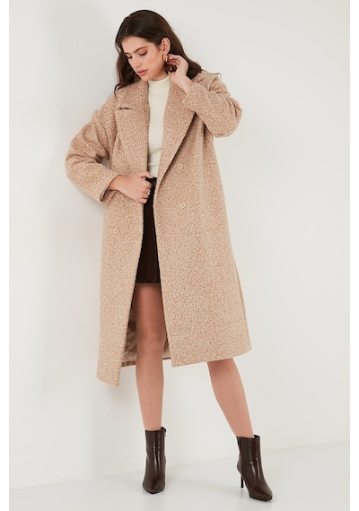 Lela Oversize Fit Mono Yaka Düğmeli Buklet Uzun Kaşe Bayan Kaban 6810236 Bej