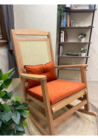 Asedia Veranda Naturel Turuncu Minderli Hasırlı Sallanan Sandalye Dinlenme Koltuğu