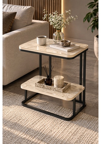 Sulorahome Ekru Traverten Desenli 2 Katlı Yan Sehpa 55 Cm