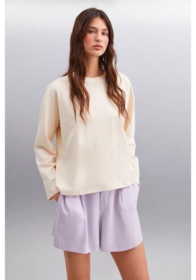 Grımelange Basıl Kadın Oversize %100 Organik Pamuk Örme Uzun Kol Bej T-shirt Grımelange Basıl Kadın Oversize %100 Organik Pamuk Örme Uzun Kol Bej T-shirt
