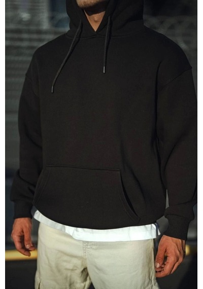Yake Store Üç İplik Penye Kapşonlu Basic Sweatshirt - Siyah - Siyah