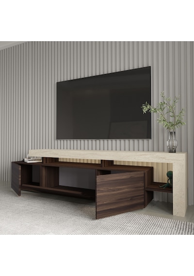 Beliz Modern Led Işıklı 3 Kapaklı, Raflı Tv Sehpası 192 Cm Traverten/ceviz