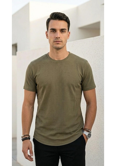 Plus Scorpion Erkek Slim Fit Basic Tişört Esnek, Terletmeyen Pike Dokulu Kumaş Haki