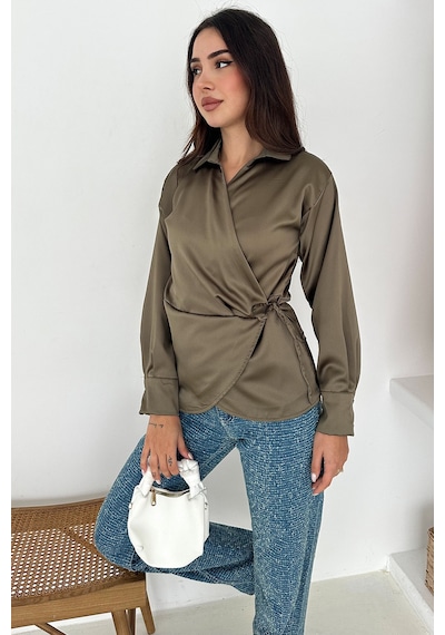 Noa & Noa Kadın Saten Yan Bağlamalı Kruvaze Gömlek Akışkan & Şehirli Stil Haki