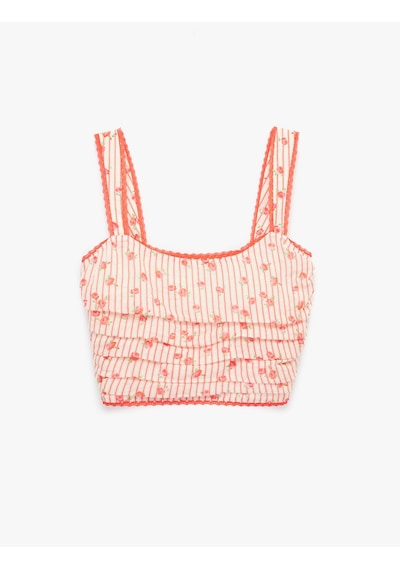 Koton Slim Fit Dantel Detaylı Kare Yaka Askılı Çizgili Çiçekli Crop Büstiyer Pembe Desenli 6sak30134ew