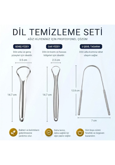 Buffer 3'lü Paslanmaz Çelik Dil Temizleyici Seti Ergonomik Dil Kazıyıcı Ve Ağız Bakım Aparatları Seti