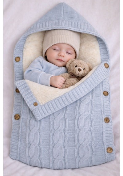 % 100 Organik İçi Polarlı Kapüşonlu Düğme Detaylı Triko Bebe Kundağı 75 X 40 Cm 1068 Mavi Mavi