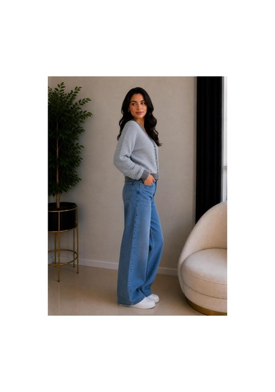 Hira Life Fashion Kadın V Yaka Düğmeli Şeritli Kısa Crop Ceket-hırka Gri Gri