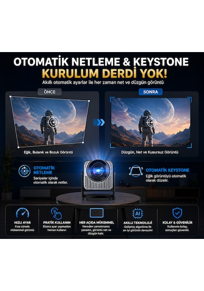 Android Tv 1080p Full Hd Projeksiyon Cihazı Wifi 6 Bluetooth 5.0 Otomatik Keystone Ev Sinema Projektörü