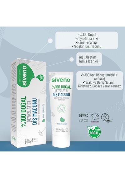 Siveno %100 Doğal Diş Macunu Beyazlatıcı Nane Ferahlığı Florürsüz 65 G