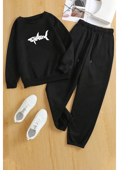 Uyguntarz Unisex Shark Baskılı Bisiklet Yaka Eşofman Takımı Siyah