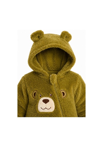 Tatlı Ayıcık Nakışlı Welsoft Peluş Kapüşonlu Fermuarlı Kışlık Unisex Bebek Tulumu Haki