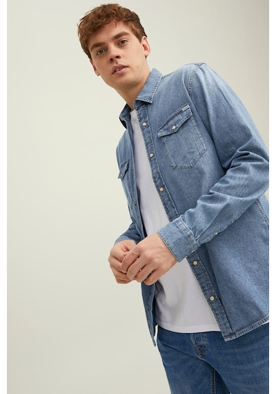 Jack & Jones Erkek Jjesheridan Dar Kesim Kot Gömlek 12138115 Orta Mavi