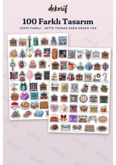 Yeni Yıl Panayırı Sticker Seti 100 Adet - Işıltılı Dükkanlar Karlı Sokaklar Renkli Ajanda Çıkartma Çok Renkli