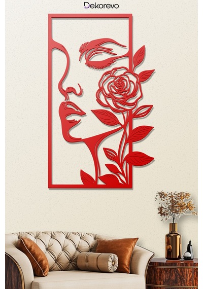 Kadın Ve Gül Metal Duvar Tablosu - Metal Duvar Sanatı - Kırmızı - 30 X 50 Cm