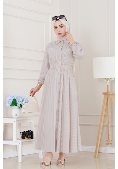 Sevitli Boydan Düğmeli Çizgili Elbise-taş-5129 Taş