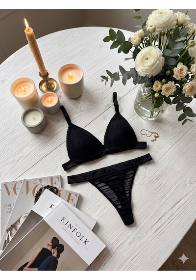Trend Dokunuş Kadın Siyah Çizgili Transparan Tül Yarım Destekli Bralet Sütyen Külot İç Çamaşırı Takımı Trend Dokunuş Kadın Siyah Çizgili Transparan Tül Yarım Destekli Bralet Sütyen Külot İç Çamaşırı Takımı