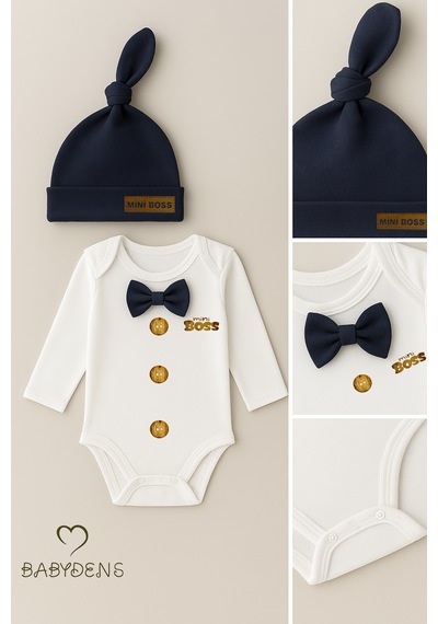 Babyden's Mini Boss Papyonlu Erkek Bebek Zıbın Seti Şapkalı Yenidoğan Bebek Body Takım Lacivert