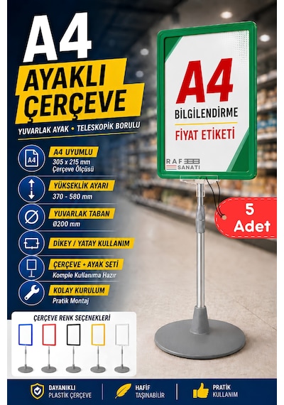 5 Adet - A4 Ayaklı Çerçeve Seti Yuvarlak Tabanlı Teleskopik Fiyat Etiketi Standı Yeşil