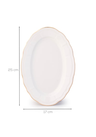 Porsima 4448 Tiffany Porselen Altın Fileli Kayık Tabak Seti - Oval Kahvaltılık Sunumluk Seti 25cm Beyaz
