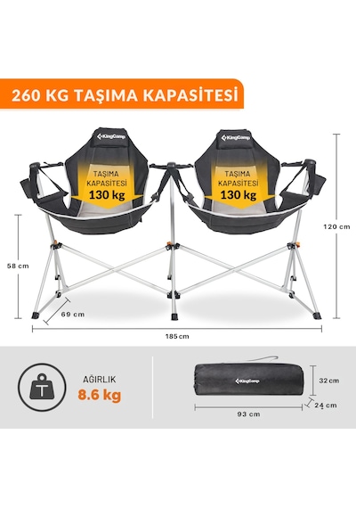 Kingcamp Orchid Double Çift Kişilik Salıncaklı Katlanır Kamp Sandalyesi Gri - Siyah