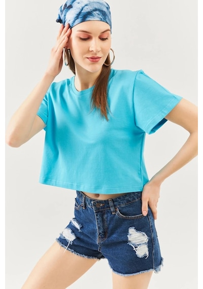 Kadın Rahat %100 Pamuklu Penye Bisiklet Yaka Kısa Kol Basic Crop T-shirt Aqua