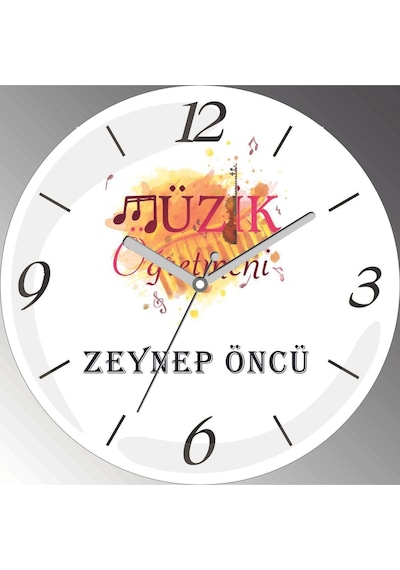 Kişiye Özel Müzik Öğretmeni Çap 30cm Sessiz Akar Bombeli Gerçek Cam Duvar Saati Siyah