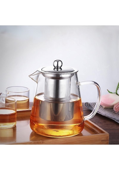 Qerhome Borosilikat Cam Çelik Süzgeçli Ve Kapaklı Oval Tasarım Lüks Çay & Kahve Demliği 750 Ml Şeffaf