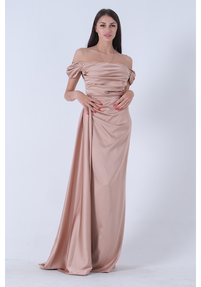 Feminist Bej Drape Detaylı Saten Kumaş Abiye Elbise 9704858.55