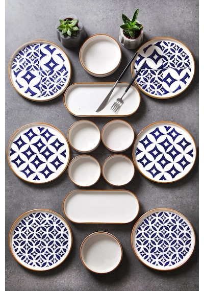 14 Parça 6 Kişilik Karo Stackable Kahvaltı Takımı - Kahvaltılık Mavi