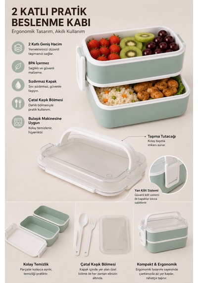 2 Katlı Plastik Kaşık Ve Çatallı Kilitli Lunch Box Yeni Nesil Sefer Tası 7 Parça Sızdırmaz Kapaklı Beslenme Kabı Açık Yeşil