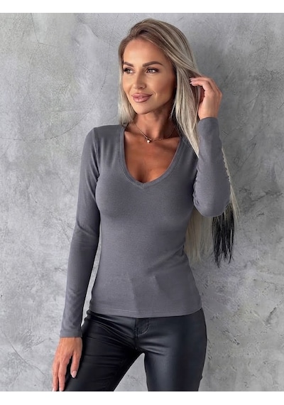 Butik İstanbul Kadın Uzun Kollu V Yakalı Viskon Bluz Gri