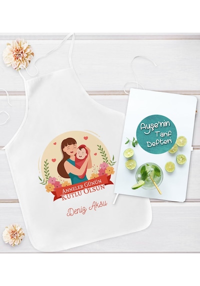 Bk Gift Kişiye Özel Anneler Günü Tasarımlı Mutfak Önlüğü Ve Yemek Tarif Defteri Hediye Seti-1, Anneye Hediye, Anneler Günü Hediyeleri