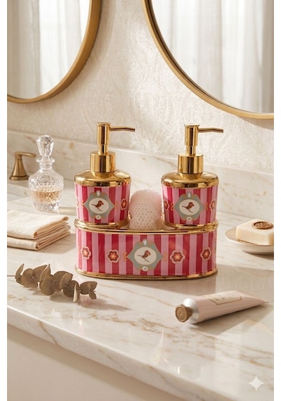 Reoona Saray Esintisi Kuş Motifli Gold Pompalı Lüks Banyo Takımı Diğer