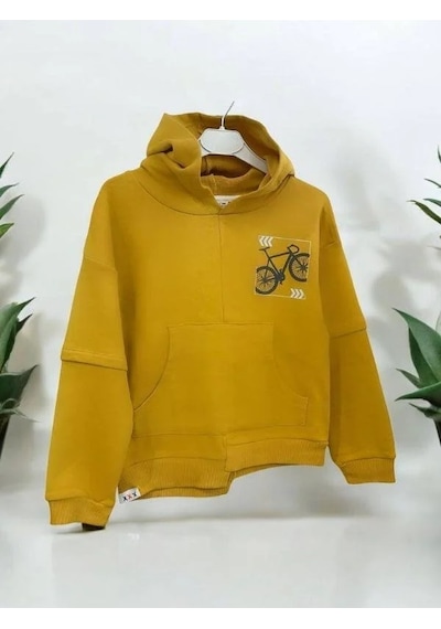Zekids Erkek Çocuk Mevsimlik Pamuklu Kapüşonlu Kanguru Cepli Sweatshirt-14421 Hardal