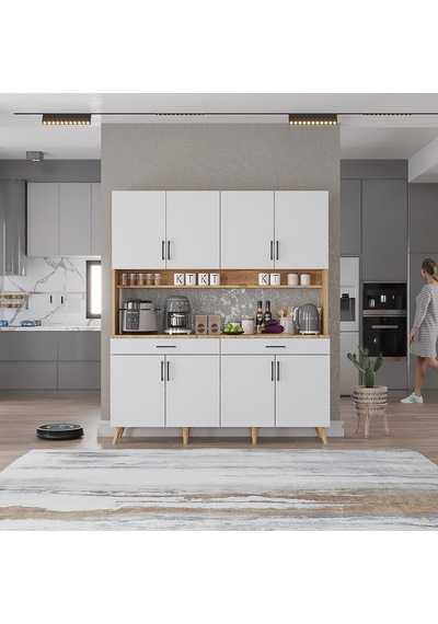 Denze Kahve Köşesi Çok Amaçlı Dolap Kiler Mutfak Dolabı Çam Beyaz 140 Cm Çam Beyaz