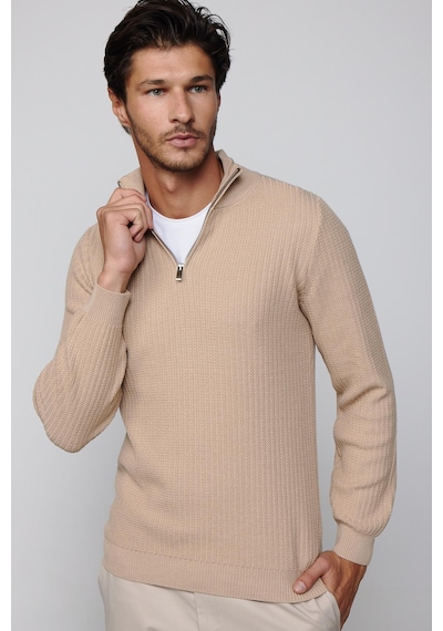 Tudors Slim Fit Dar Kesim Dik Yaka Fermuarlı Desenli Bej Erkek Triko Kazak-28924 Taş - Ekru