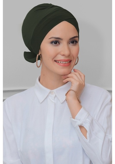Hürrem Bone Haki Pratik Hazır Geçmeli Tesettür Bone Sandy Kumaş Fiyonklu Çift Haki